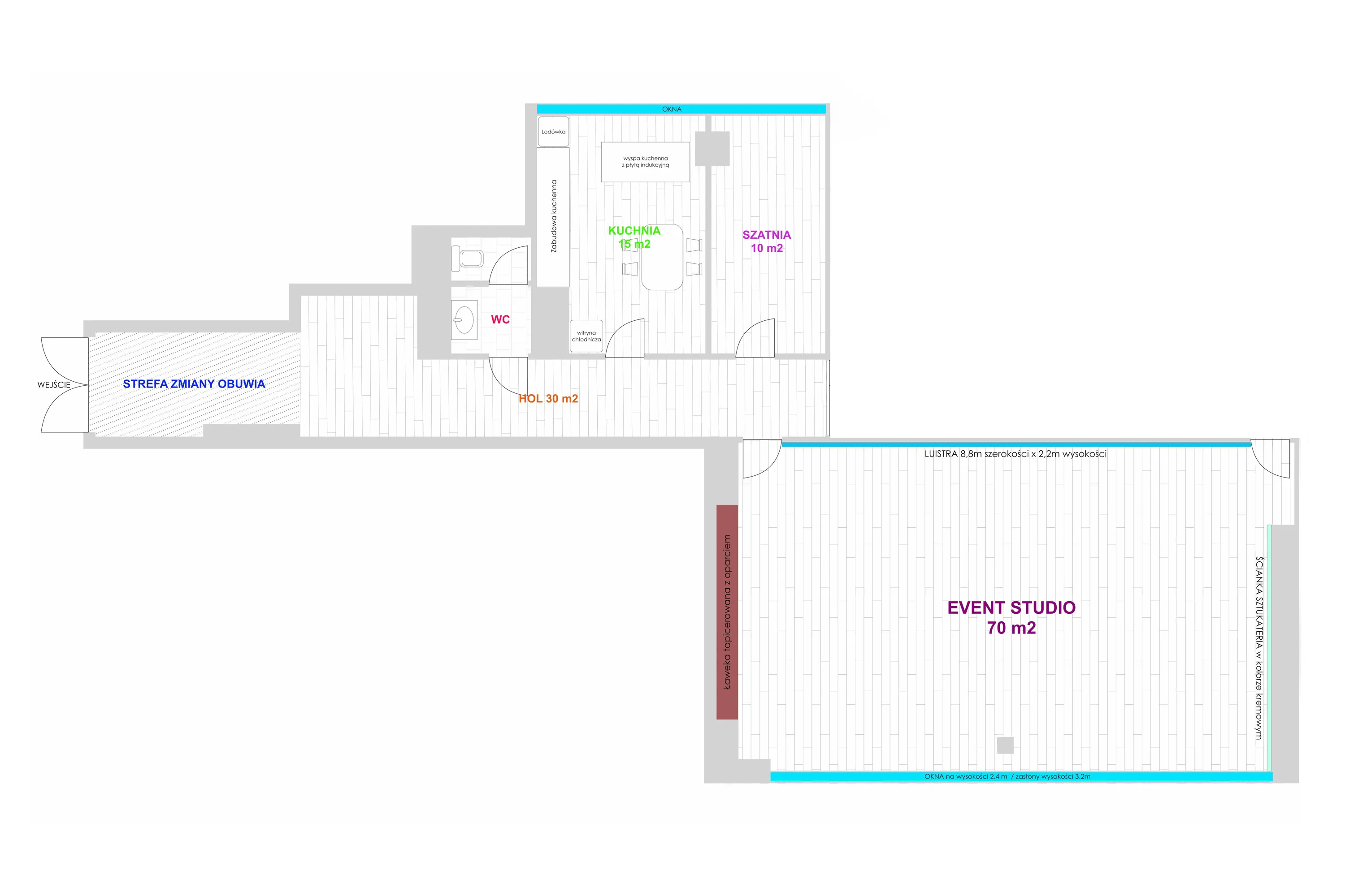 Rzut lokalu Studio 5 Lublin — 125 m² z podziałem na strefy